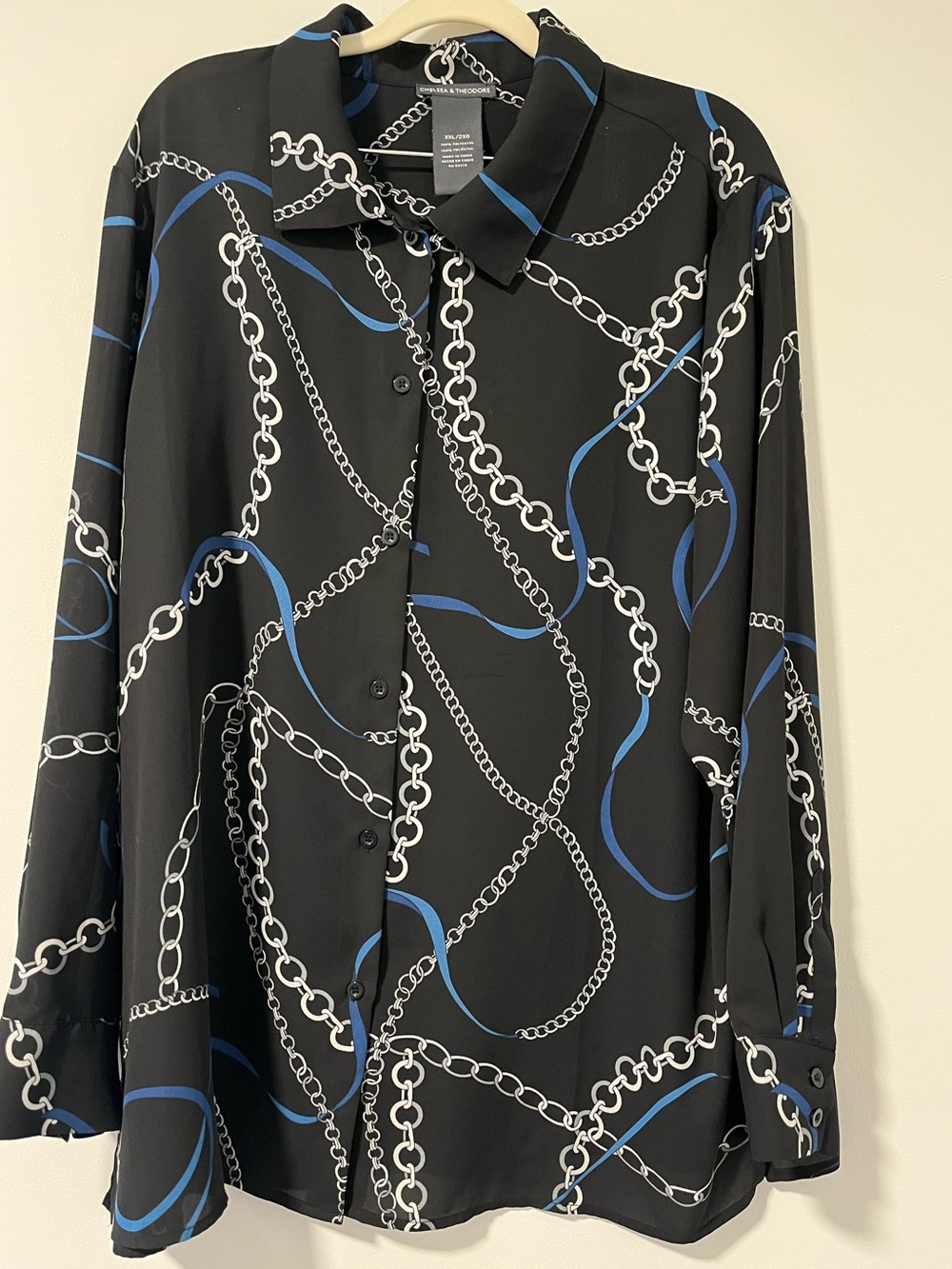Chelsea & Theodore Black Blouse with White Chain Print and Blue Ribbons NWOT